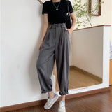 Women High Waist Solid Simple Wide Leg Trousers Loose Casual Soft Korean Style Womens All-match Kpop Office Ladies