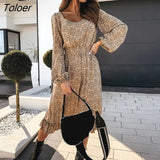 Sleeve Floral Print Midi Dress Ladies 2022 Spring Autumn Fashion Ruffles Black Dresses For Wome Casual Long Dress