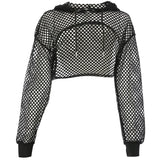 Rockmore Sexy Black Mesh Fishnet Top Women's Tshirt See Through Smock Long Sleeve T-shirts Cropped Top Tee Shirt Streetwear