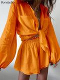 100% Cotton Linen Women Summer Shorts Suits Holiday Lantern Sleeve Shirts and Hot Pants 2 Pieces Sets Women