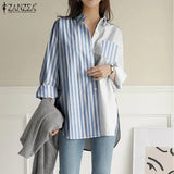 Korean Patchwork Tops Office Lady Spring Lapel Blusa Casual Long Sleeves Shirts Womens 2021 Cotton Linen Blouse