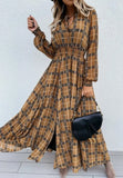 Casual Khaki Plaid Lace-up Neck Split Maxi