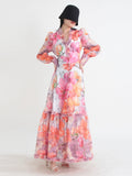 Printing Casual Long Dresses For Women V Neck Lantern Sleeve High Waist Patchwork Edible Tree Fungus Maxi Dress