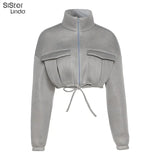 Sisterlinda Mesh Plaid Y2K Bubble Puffer Jackets Women Trend Zip Pocket Crop Outerwears Spring Fall Slim Drawstring Female