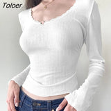 Floral Lace Short Top White Knitted Slim Neck Style Basic Casual T Shirt Women Chic Vintage Full Sleeve Harajuku Tee