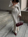 Women's Fashion Elegant V-Neck Knitted Dress Horny Sleeves Hollowed-Braceed Long