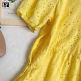 VAREY LIN New Summer Women Casual High Waist Single Breasted Vintage Dress Sweet Turn-down Collar Hollow Out Embroidery