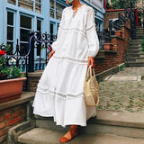 2021 Summer Women Boho Maxi Dress Cotton Loose Shirt Dress White Lace Tunic Beach