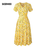 New Summer Print Floral Dress Women V Neck Short Sleeves Chiffon Bohemian Dresses Beach Midi Female Wrap Long