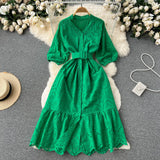 Women Embroidary Gentle Summer Dress V Neck Sashes Hollow Out Casual Vacation Short Sleeves Ladies Long A Line