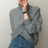 Stylish Criss-Cross Knitted Jumpers Top Women Sweater Autumn Winter Half Turtleneck Women's Sweaters Pullovers Loose Female