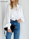 Lantern Sleeves White Shirts Office Ladies Stand Collar Career OL Blouses Drape Loose Satin Soft Tops Spring
