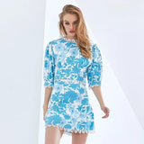 TWOTWINSTYLE Lace Print Floral Two Piece Set For Women Puff Sleeve Tops High Waist Skirts Elegant Sexy Sets 2022 Women