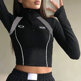 And Hot Wind Impact Color Zipper Stitching Standing Collar Trimming Tooling Machine Can Long-Sleeved T-Shirt Blouse 2024 Cool Women's Wear-Outfit
