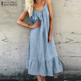 Bohemian Solid Ruffle Dress Women's Summer Sundress ZANZEA Casual Spaghetti Strap Midi Vestidos Female Holiday