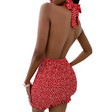 Women Close-fitting Backless Dress Sexy Floral Printed Pattern Halter Neck Hollow Out Short Dresses Summer 2024 Club Wear-Outfit