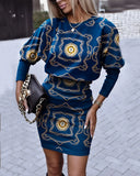 Independent Station Autumn New Fashion Printed Waist Round Collar Long-Sleeved Dress-Outfit