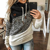 Leopard Print Sweatshirts Women Casual Turtleneck Long Sleeve Hoodies Fashion Drawstring Patchwork Female Pullovers