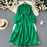 Embroidary Single Breasted Solid Dress 2022 Hollow Out Slim O Neck Long Sleeves Ladies A Line Summer Long