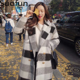 Korean Mid Long Autumn Winter Big Lapel High Quality Woolen Coat Black And White Plaid Student Thickened Warm Woolen