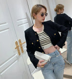 Small Fragrance Women Black Tweed Outerwear Autumn Winter Golden Button Blends Wool Female Long Sleeve Jacket