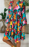 Bohemian Women Dresses Summer Long Sleeve Button Loose Mini Dress Big Swing Boho Dress Printed