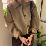 Aachoae 2021 Autumn Winter Women Elegant Solid Color Wool Coats Chic Turn Down Collar Long Sleeve Coat Female Chic