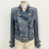 2025 New Women's Coat Lion Buckle Double Zipper Wash Denim Locomotive Small Suit