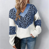 New Autumn Casual Woman Oversized Sweaters Winter Long Sleeve Knitted Jumper Sweater Women V-neck Leopard Print