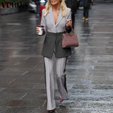 Women Suit Blazers VONDA Ladies Casual Lapel Coats Color Patchwork Autumn Office Formal Long Sleeve Thin Pant Sets no