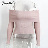 off shoulder elastic winter sweater women Short gray lapel pullover sexy white jumpers Autumn bodycon basic knitwear