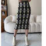 High Elastic Waist Yellow Plaid Knitting Long Elegant Half-body Skirt Women Fashion Tide New Spring Autumn 2023
