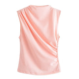 Spring Pleated Sleeveless Blouse With Round Collar 2728636-Outfit