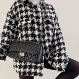 Lamb Plaid Lapel jacket Women Elegant ladies Full Sleeve Long Coat 2022 Fall Winter Button Pocket Casual