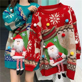 Fall Winter Christmas Santa Claus Women's Sweater Loose Korean Fashion Kawaii Long Sleeve Oversize Pullover Knitted