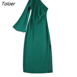 Women Sexy Single Shoulder Solid Asymetrical Midi Dress Female Chic Side Pleats Slim Zipper Split Party Vestidos
