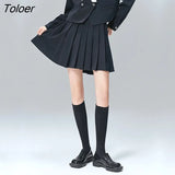 Women Mini Skirts 2022 Spring Short A Line Solid Black Simple College Preepy Style Pleated