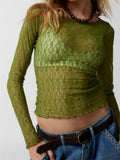 Women Lace Floral T-shirts Crop Tops Long Sleeve Slim Mesh Sheer See Through Tees Shirts Summer Party Streetwear 2023-Outfit