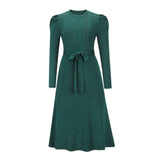 Puff Sleeve Solid Color Dress Round Neck High Waist Lace Temperament Thinner Knitted Base Sweater A-Line