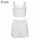 Casual Stretch Solid Two Piece Sets Women 2021 Crop Top and Drawstring Shorts Matching Set Sportswear