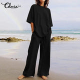 Celmia Fashion Women 2pcs Sets 2022 Summer Casual Loose Holiday Pocket Belted Set Half Sleeve O-neck Top and Wide Leg Pant