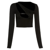 Hollow Out Crop Top Y2K Punk Tee Shirts For Women Gothic Streetwear 2021 Spring Sexy Skinny Club Clothes Top