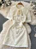 Lace Peal Button Mid Long Dress O Neck Short Sleeve Sheath Dress French Fragrant Waist Solid Streetwear Autumn