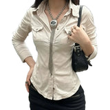 Waste Wind Single Buckle Shirt Women Retro Waist Thin Set New Double Pocket Sleeve