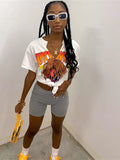 Summer Loose Graphic T Shirts Women Bandage V Neck Short Sleeve Fashion Print Tees Tops Women 2022 White Streetwear
