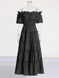 Spring 2025 New Fashion Temperament Shoulder Lotus Leaf Side Fold Splicing Design Long Women's Dress