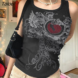 Women Sleeveless Grunge Tank Top Goth Rhinestone Heart Print Aesthetic Slim Crop Top Vintage Casual Cute Camis E