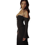 Toloer High Waist Hanging Neck Sexy Back Solid Color Slim Fish Tail Temperament Dress Long
