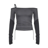 Girl Style Solid Color Collar Shoulder Rope Slim Long-Sleeved Functional T-Shirt 2024 Spring New Style-Outfit