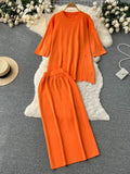 Women Summer Knitted Sets Fashion O Neck Split Top+ Wide Legs Long Skirt Sets Ladies High Street Loose Two Piece